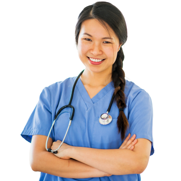 nurse wearing scrubs smiling